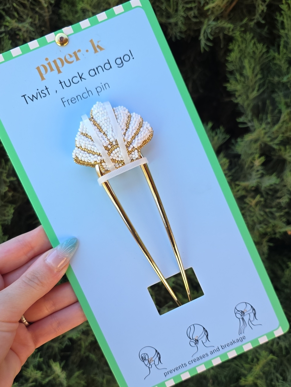 Piper K White & Gold Beaded Shell Twist-and-Tuck French Pin